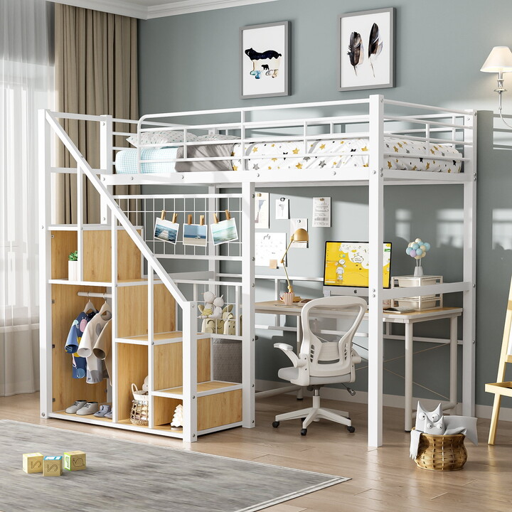Euroco Metal Twin Loft Bed with Shelves, Wardrobe and Grid Design for Kids Teens Room, White