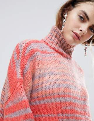 Bershka multi stripe knitted roll neck jumper in multi