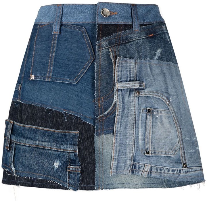 patchwork denim wrap skirt