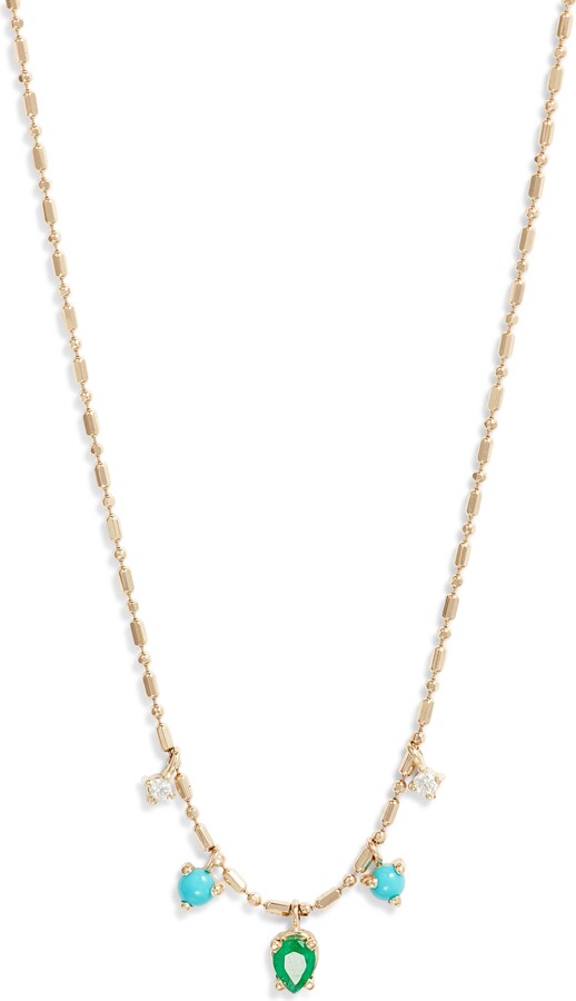 Zoë Chicco 14K Gold Emerald Diamond & Turquoise Pendant Tube Bar Chain Necklace