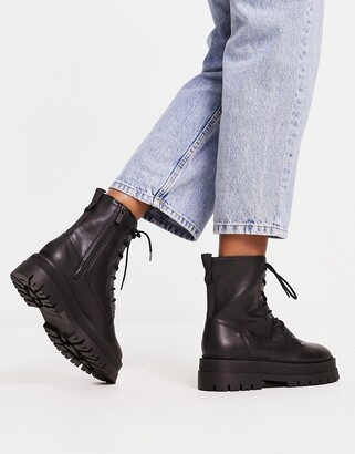 Stradivarius Wide Fit lace up flat ankle boot in black ShopStyle