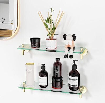 Glass Shelf For Bathroom,16-Inch Gold Glass Bathroom Shelf Modern Stainless Steel Tempered Glass Floating Glass Shelf For Wall Mount Accessories