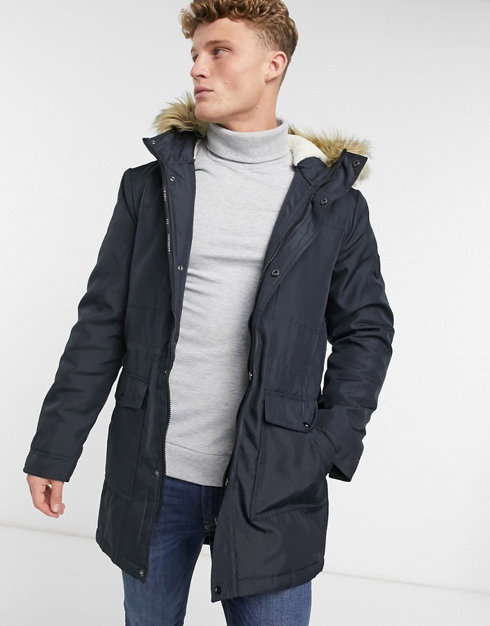 jurk Succesvol aangrenzend ONLY & SONS parka with teddy lined hood and removable faux fur trim in navy  - ShopStyle Jackets