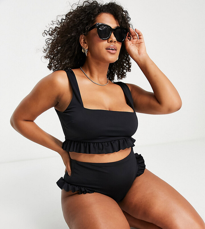 ASOS Curve ASOS DESIGN Curve mix and match crop frill bikini top in black -  ShopStyle Two Piece Swimsuits