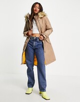 Thumbnail for your product : French Connection faux fur lined parker jacket in beige and mustard