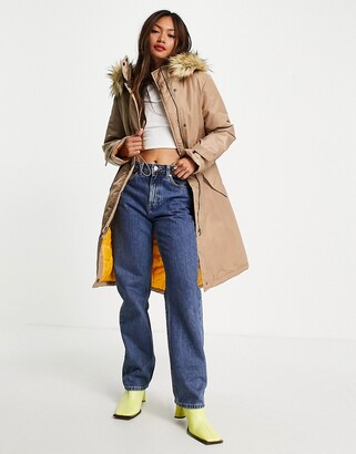 French Connection faux fur lined parker jacket in beige and mustard