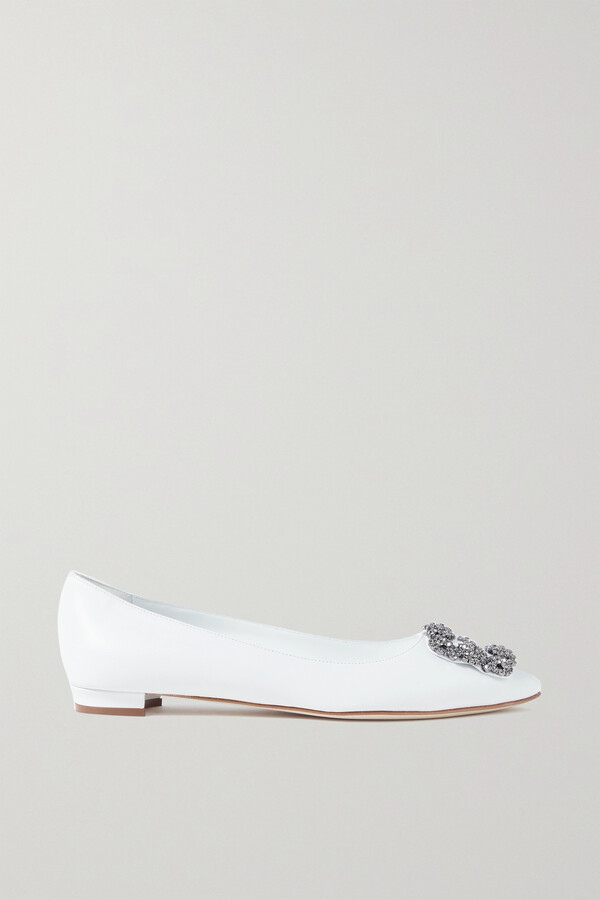 Manolo Blahnik - Hangisi Embellished Leather Point-toe Flats - White