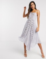 asos design midi dress with pinny bodice in 3d floral embellishment