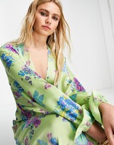 Thumbnail for your product : ASOS DESIGN satin button through midi tea dress with fluted sleeves in green floral print