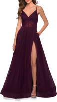 Thumbnail for your product : La Femme Tulle A-Line Slit Gown with Illusion Bodice