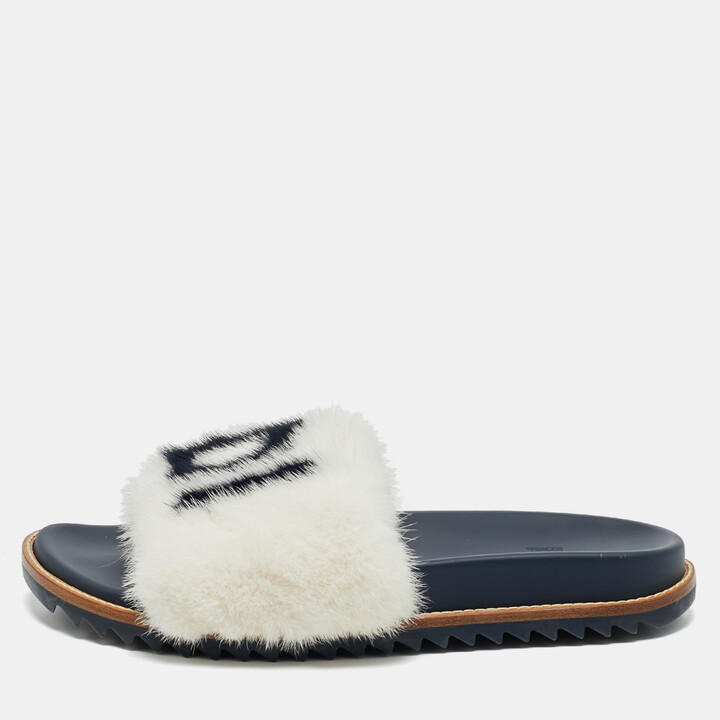 Fendi x Fila Black Mink Fur Logo Mania Slide Sandals Size 41