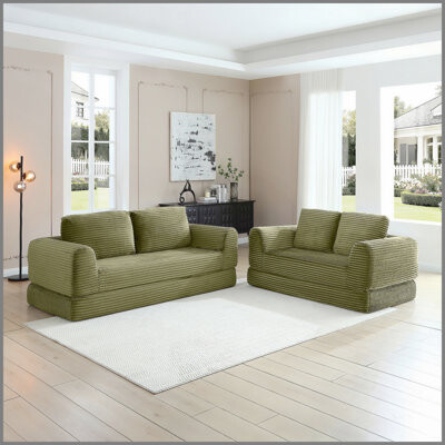 Latitude Run 2-in-1 Folding Convertible Sofa Bed Modern Corduroy Sleeper Couch with 2*pillows Futon Modular Upholstered Boneless Sofa Set with Pull-Out BedFoldi