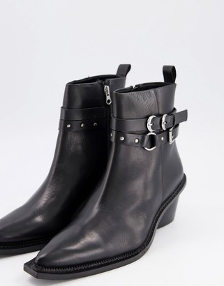ASOS DESIGN cuban heel western chelsea boots in black leather with strap detail