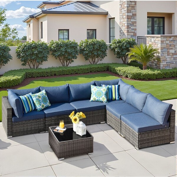 HomLux HOMLUX7PCSPatioSeatingConversationSetsOutdoorModularSectionalSofaSetforDeckYardBalconyPoolside,DenimBlue