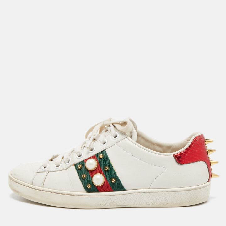 Gucci White Leather Pearl Embellished and Studded Ace Sneakers