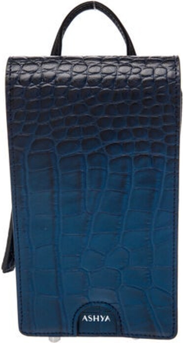 ASHYA Backpack Blue Embossed Leather Silver-Tone Hardware Nylon Lining with Card Slots Zip Closure at Top Protective Feet at Base