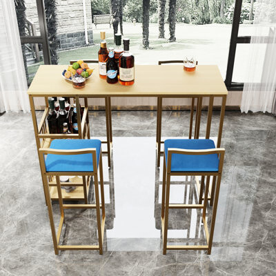 Mercer41 Bar Table And Chair Five Piece  Gold - Sponge Cushions Multi-layer Tabletop For Various Spaces Golden Frame Courtyards Comfortable Living Rooms Homes