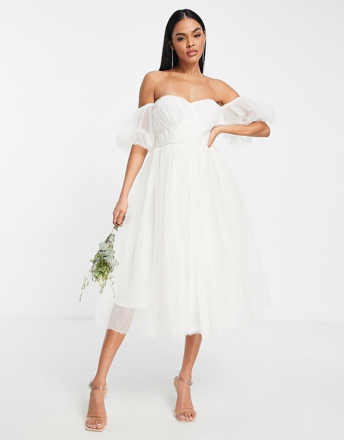 Lace & Beads Bridal off shoulder midi puff dress in ivory - ShopStyle