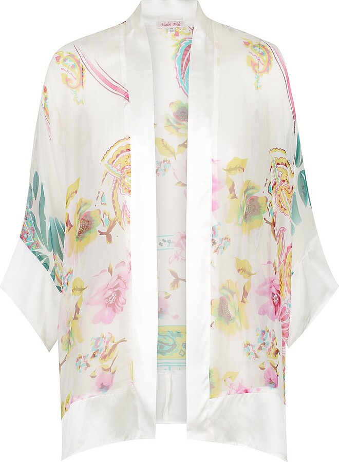Violet Fish - Whisper Silk Long Kimono - Cream Paisley Print - ShopStyle  Tops
