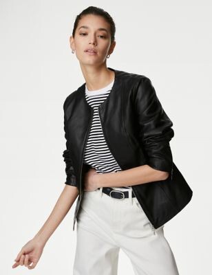 Autograph Leather Collarless Jacket - ShopStyle