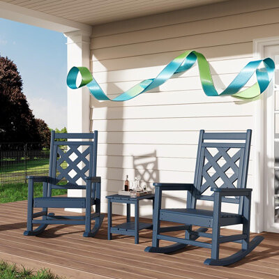 Lark Manor Oversized Rocking Chair Outdoor Set of 2 with Side TableHDPE Adirondack Rocking Chair with Wood Texture - 380Lbs & Weather Resistant for Deck Patio