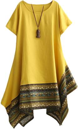 Minibee Women's Ethnic Cotton Linen Short Sleeves Irregular Tunic Dress XL