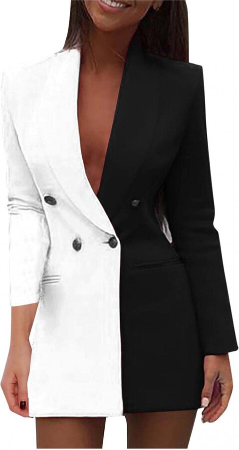 waitFOR Women Military Style Blazer Dresses,Ladies Double Breasted Button Solid Color V-Neck Long Sleeves Dress Blouses,Ladies Suit Jacket Suit Trenchcoat Outerwear Coat Outwear Office Wear 
