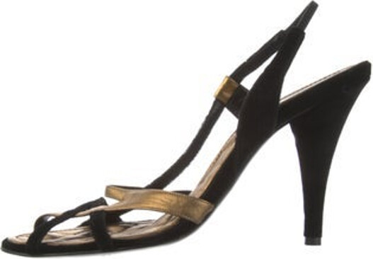 Chanel Vintage Slingback Sandals From the Pre-Fall 2004 Collection by Karl Lagerfeld Black & Gold Velvet Colorblock Pattern Leather Trim Embellishment & Leather Trim Designer