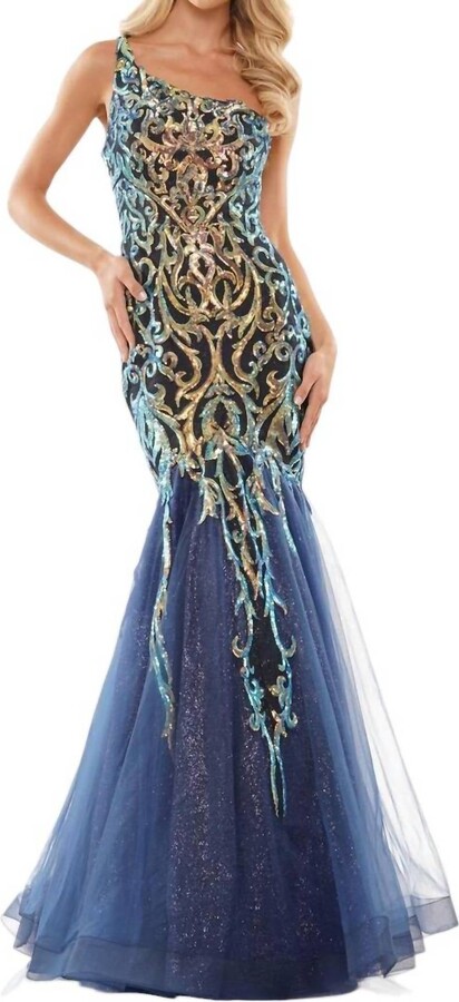 Colors Dress One Shoulder Mermaid Evening Dress In Navy