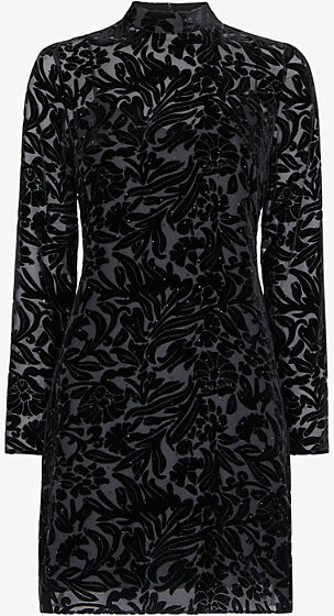 Womens Black Hot Fix Floral-Pattern Velvet Mini Dress 14