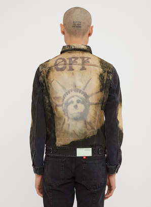Off-White Off White Distressed Bleached Clover Embroidered Denim Jacket in Black