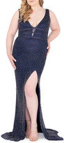 Thumbnail for your product : Mac Duggal Plus Size Deep V-Neck Beaded Lattice Gown with Thigh-Slit