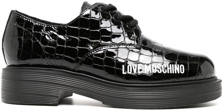 Womens Shoes Flats and flat shoes Lace Up shoes and boots Love Moschino Crocodile-effect Lace-up Shoes in Black 