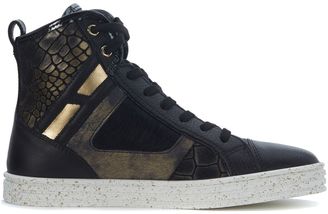 Hogan Sneaker R141 In Black And Gold Crocodile Printed Leather