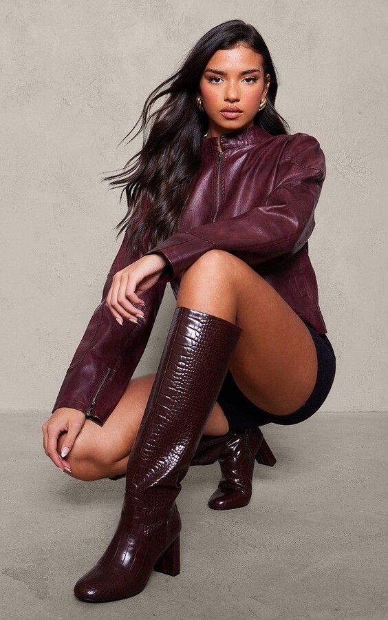 Nasty Gal Beige Croc Knee High Boots Womens Boots Faux Leather