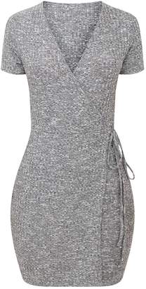 PrettyLittleThing Grey Marl Ribbed Wrap Dress