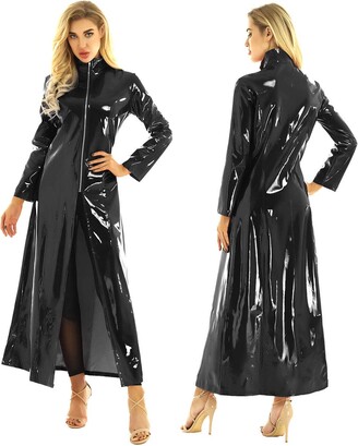 Choomomo Womens Adult Shiny Metallic Vinyl Turtleneck Zipper Trench Coat  Long Jacket Dress Black L - ShopStyle