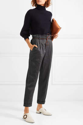 Brunello Cucinelli Oversized Leather-trimmed Herringbone Cotton-blend Cropped Pants - Gray