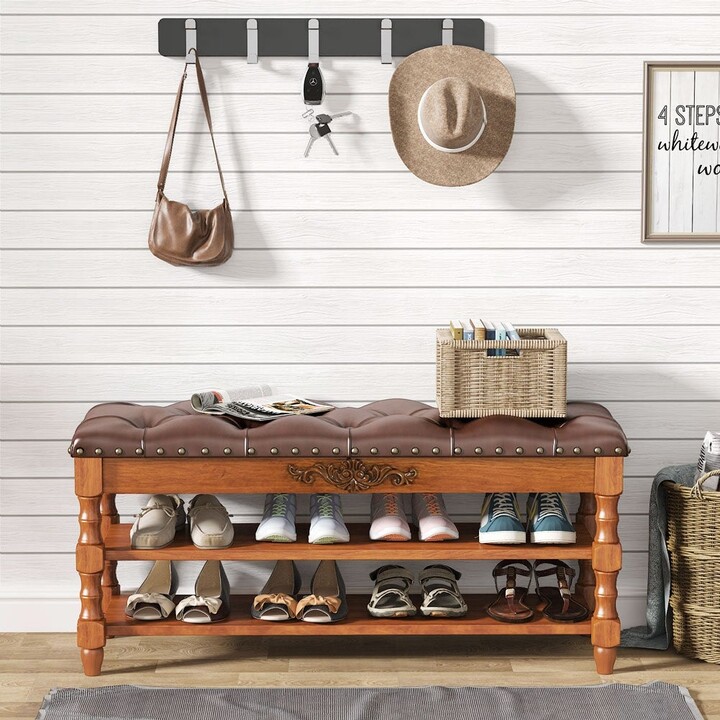 Tribesigns Industrial Entryway Bench with Tufted Leather Cushioned Seat, 2 Shelves Storage Bench