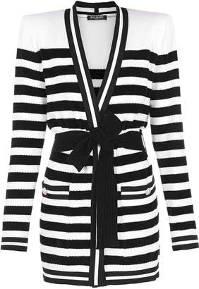 Balmain Belted Striped Ribbed-Knit Cardigan