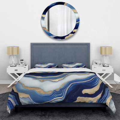 Design Art Vibrant Blue And Gold Flow Art III - Transitional Duvet Cover Set - Microfiber Polyester