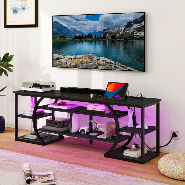 Uforic LED TV Stand for 70 Inch TV, Rustic Entertainment Center TV Console w/Power Outlets,Black