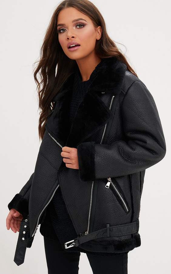 black cropped pu aviator jacket