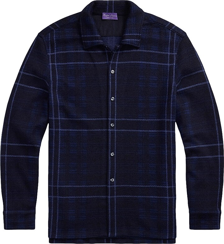 Ralph Lauren Purple Label Men's Plaid Cashmere Shirt Sweater - Navy Multi - Size XL