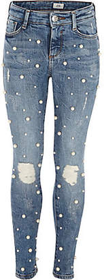 River Island Girls Blue Amelie pearl embroidered jeans