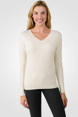 J CASHMERE Cream Cashmere Cable-knit V-neck Sweater