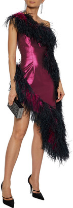 16Arlington Asymmetric One-shoulder Feather-embellished Lame Dress