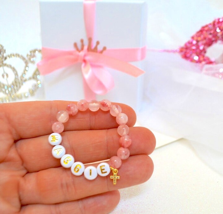 Etsy 18K Gold Rhinestone Holly Cross Pink Jade Baby Bracelet, Baptism Gift, Christening, Communion, Shower Personalized Girls Bracelet