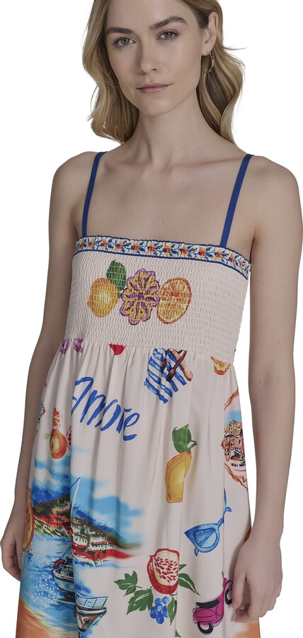 Falling Flowers Women’s Spaghetti Strap Smocked Back Midi Sundress, Sizes XS-XL