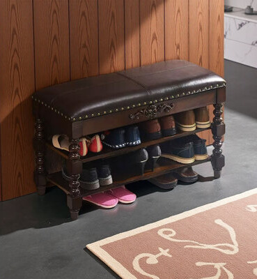 Vintage Solid Wood Carved Flip-Top Shoe Storage Bench